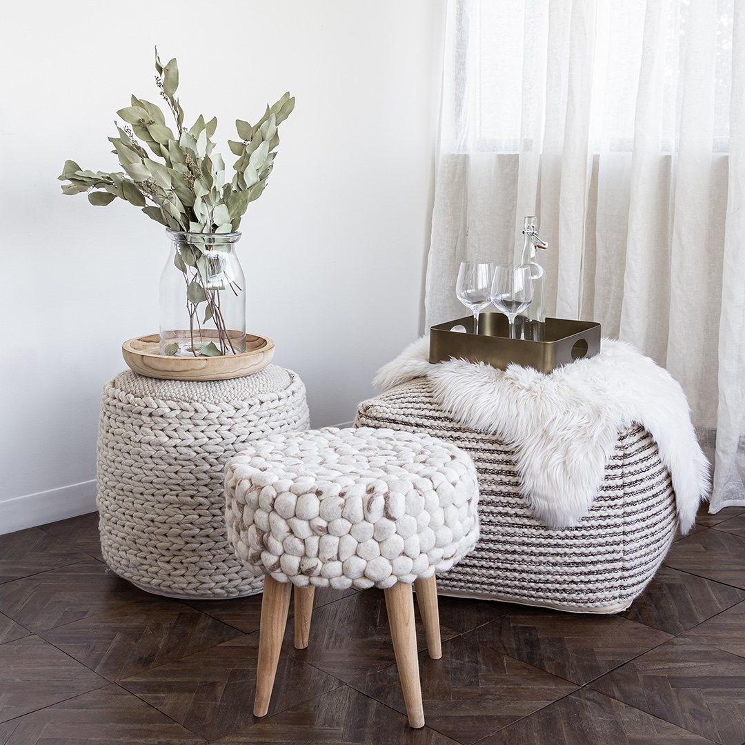 Bohemian Felted Wool Stool - Cream