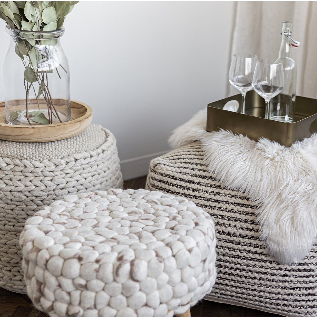 Bohemian Felted Wool Stool - Cream