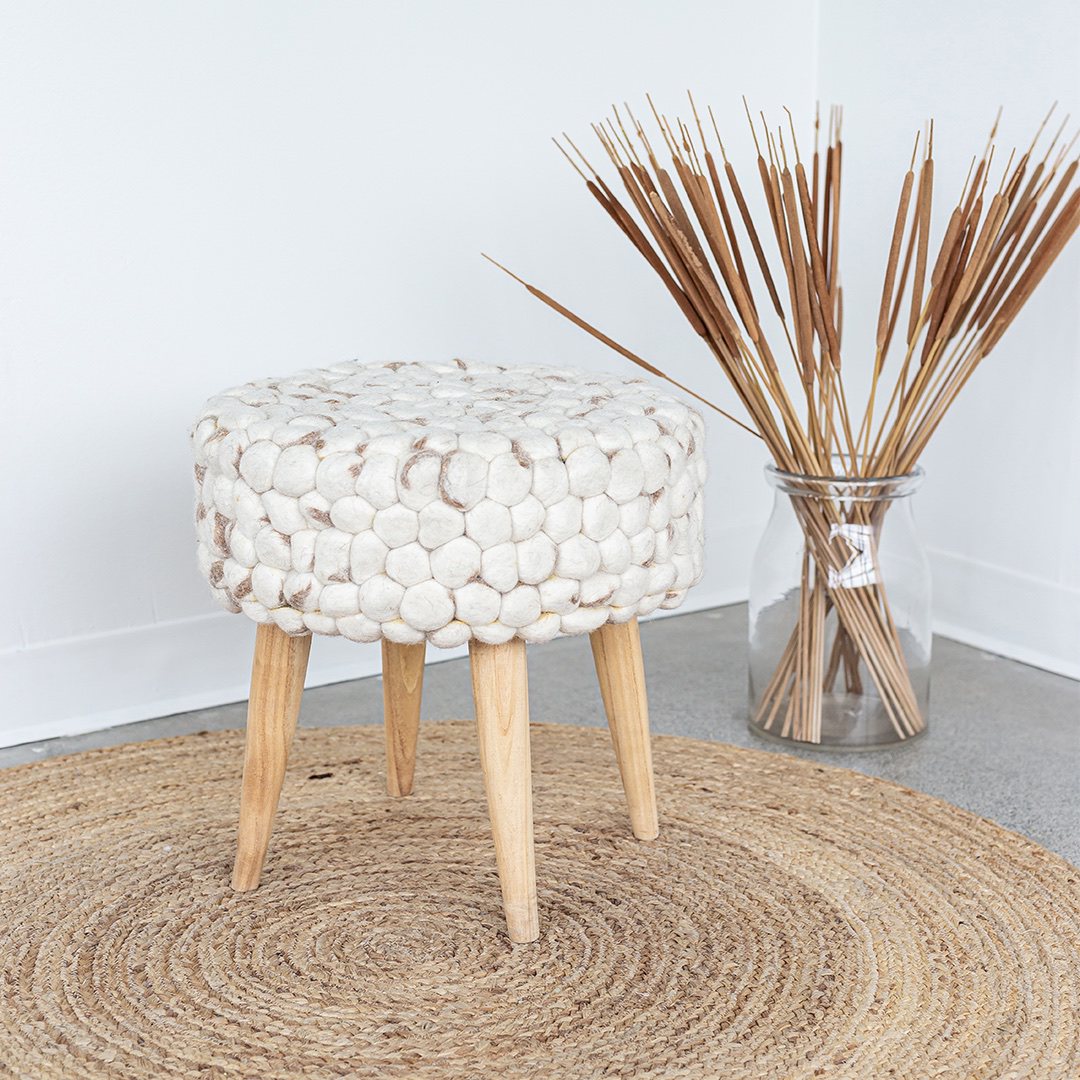 Bohemian Felted Wool Stool - Cream