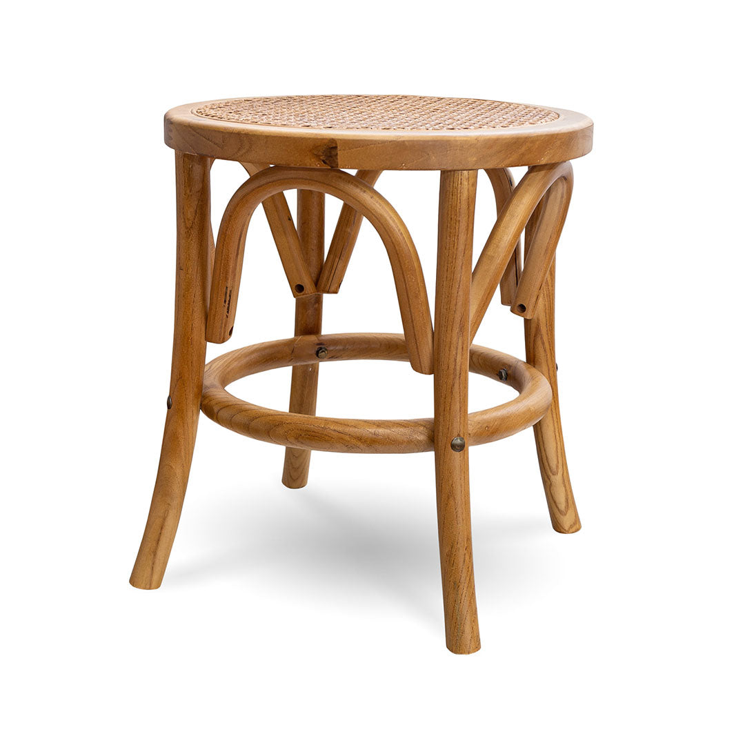 Fleur bohemian wood stool on white background.