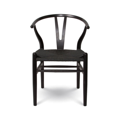 Straight on image of wishbone chair in black with black woven seat.
