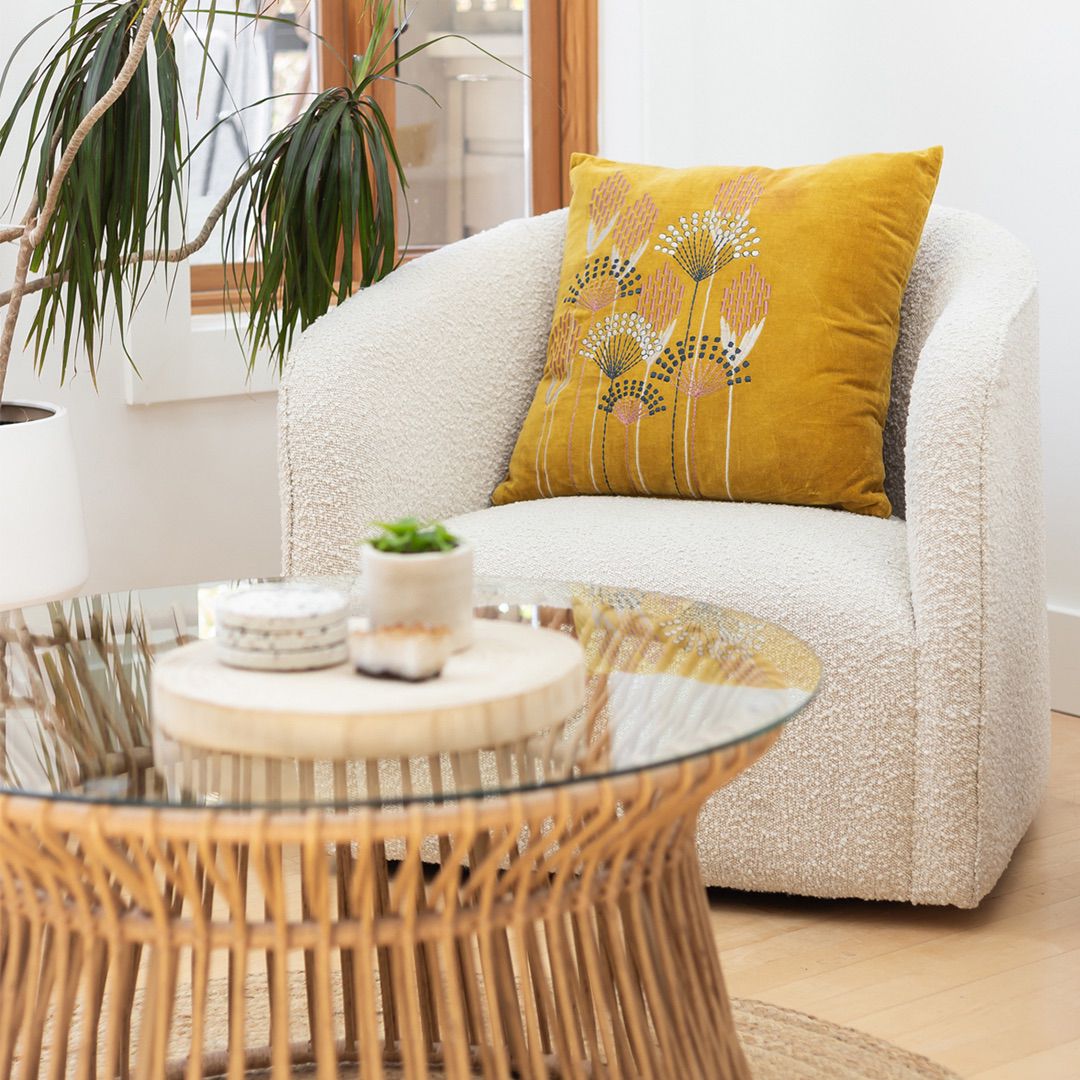 Evita cream coloured accent chair with mustard yellow cushion