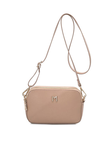 Product shot of small nude coloured crossbody purse 
