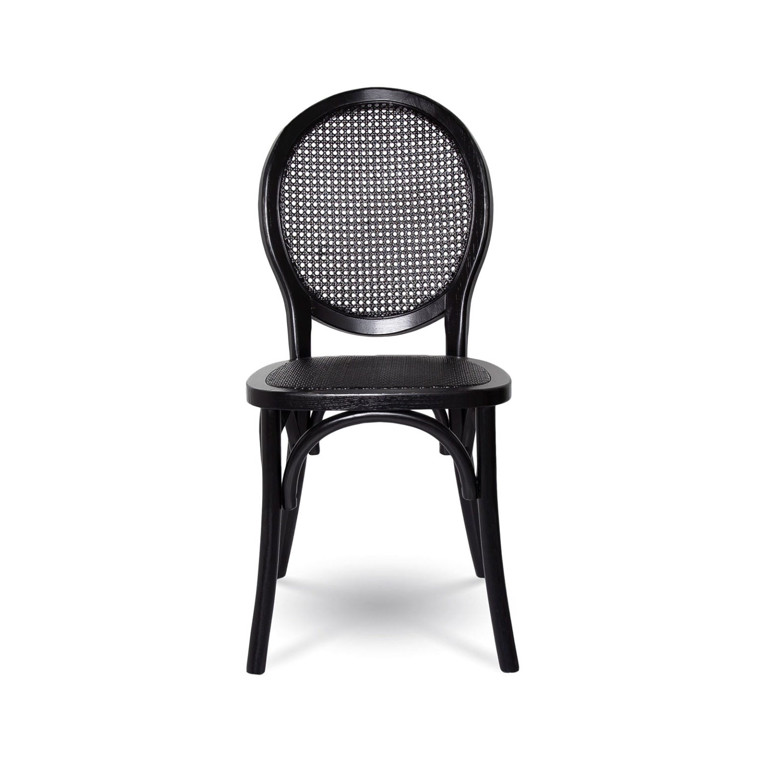 Product shot of black round back chair with cane detail on back and seat