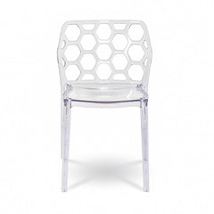 Front view of clear acrylic chair with honeycomb pattern back